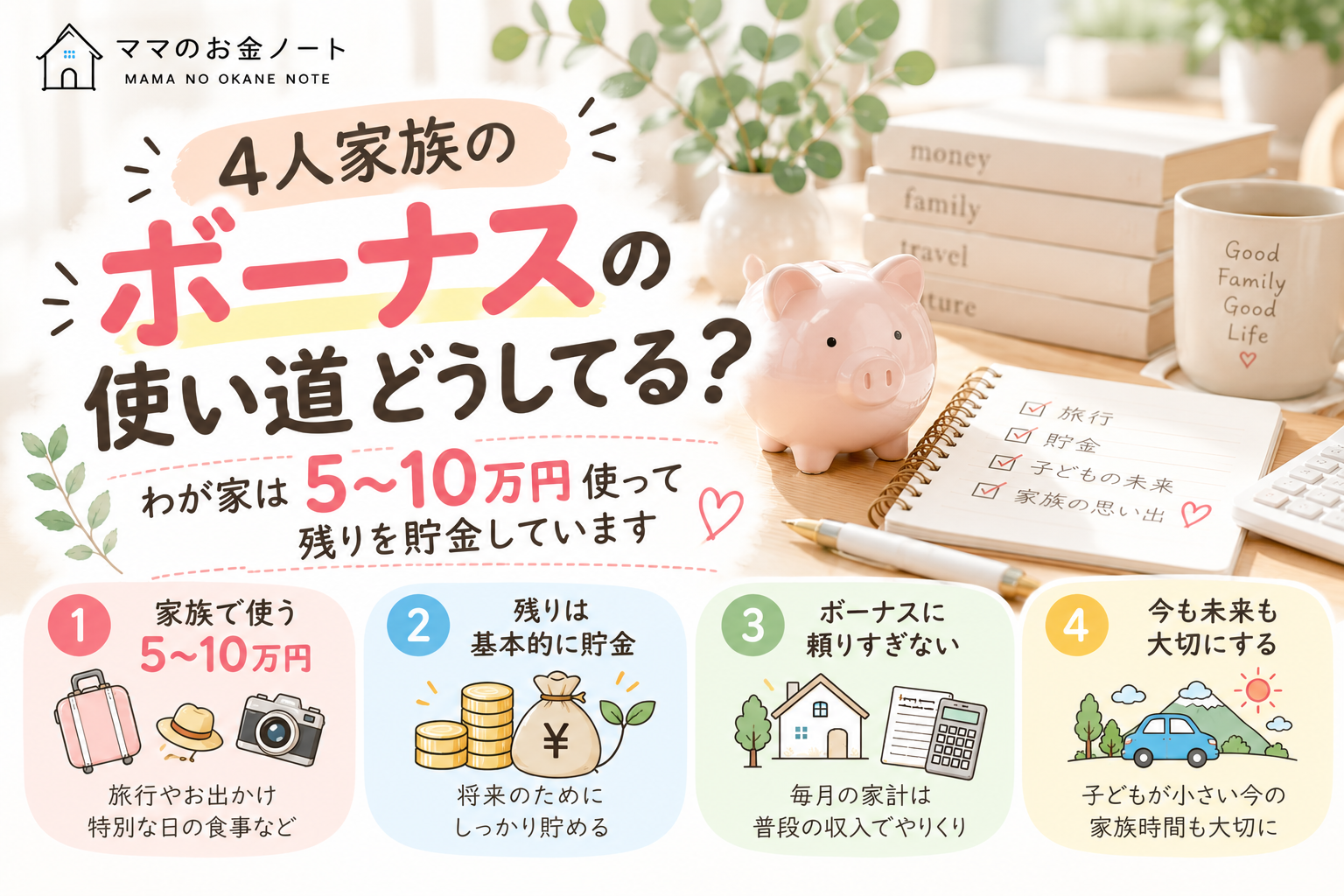 ボーナスの使い道どうしてる？4人家族のわが家は5〜10万円使って残りを貯金